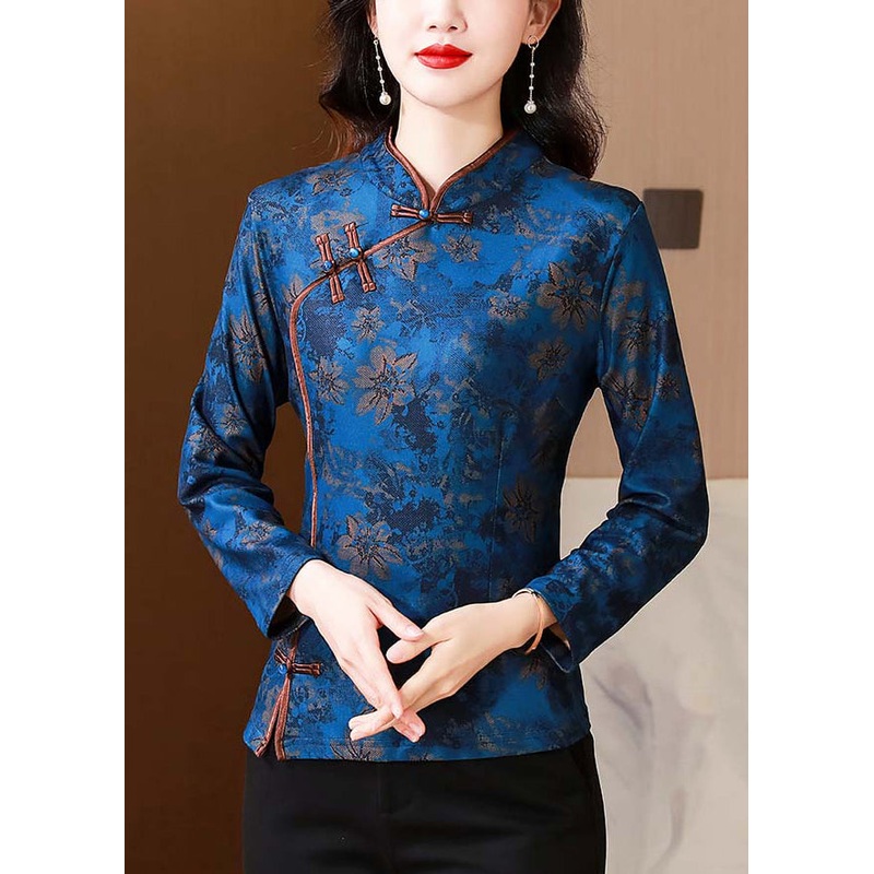 Retro Blue Stand Collar Print Chinese Button Warm Fleece Shirt Top Winter