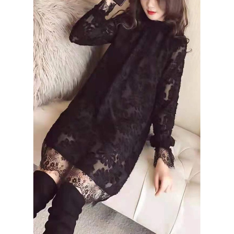 Sexy Black Ruffled Hollow Out Lace Mid Dress Spring