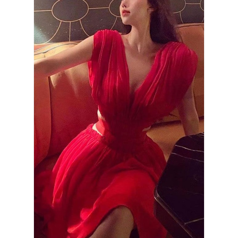 Sexy Red V Neck Hollow Out Chiffon Mid Dress Summer