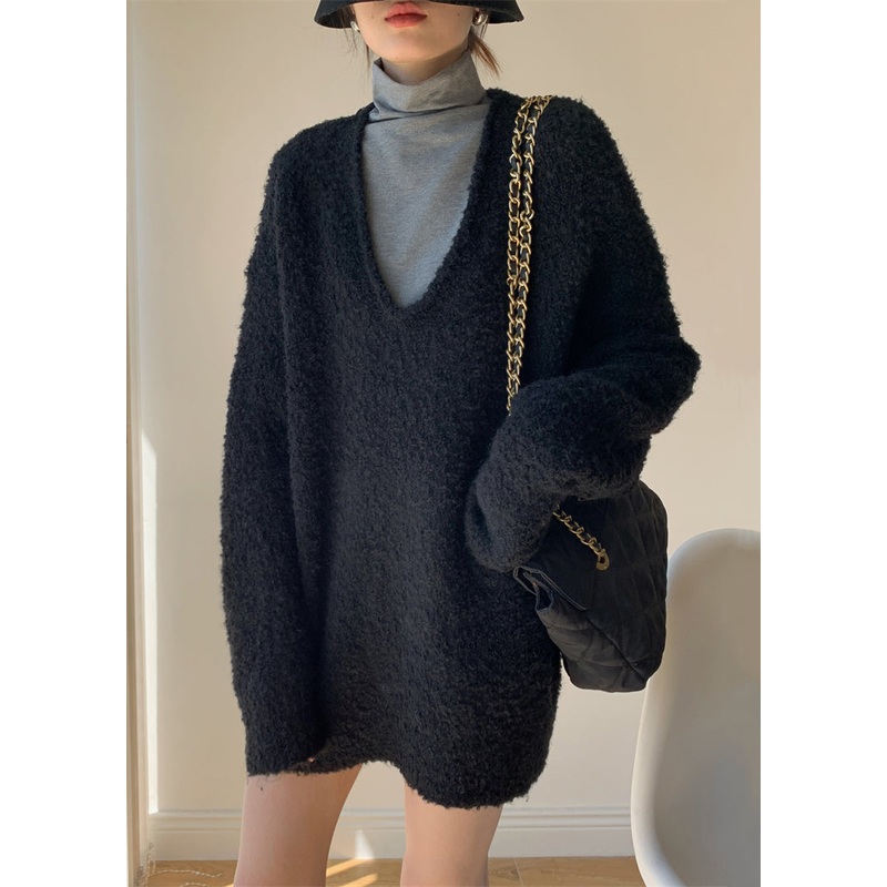 Simple Black V Neck Solid Knit Sets 2 Pieces Winte