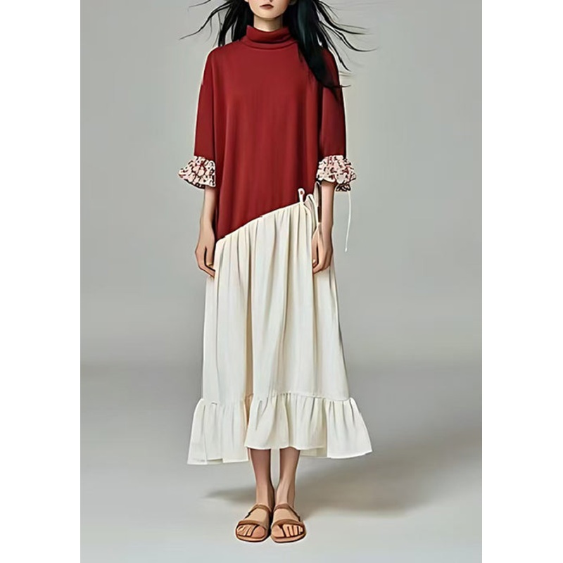 Simple Red Turtle Neck Patchwork Cotton Maxi Dress Summer