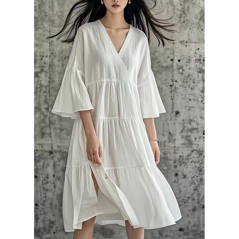 Simple White Side Open Wrinkled Cotton Long Dresses Summer
