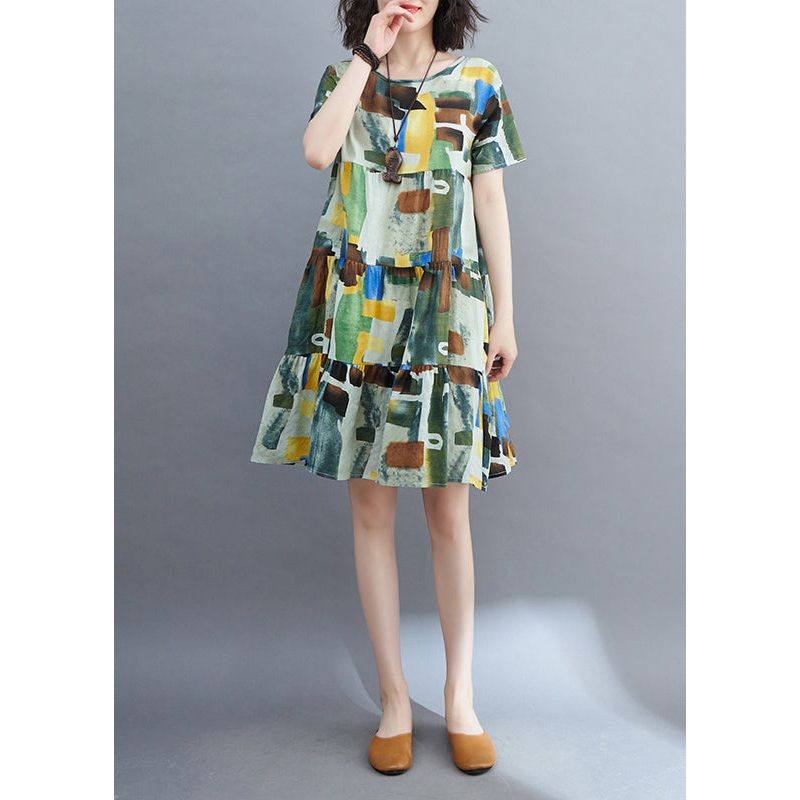 Style Colorblock Ruffled Patchwork Mid Dress Short Sleeve