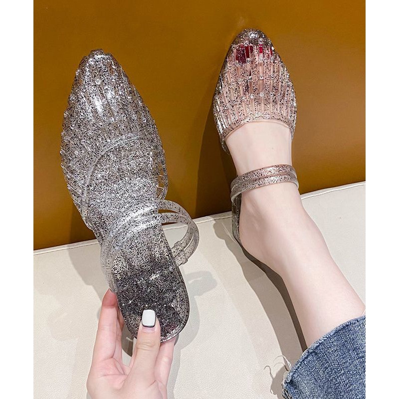 Stylish Black Chunky Heel Slide Sandals Pointed Toe