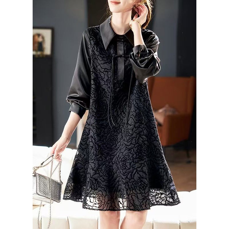 Stylish Black Peter Pan Collar Button Shirts Dress Spring