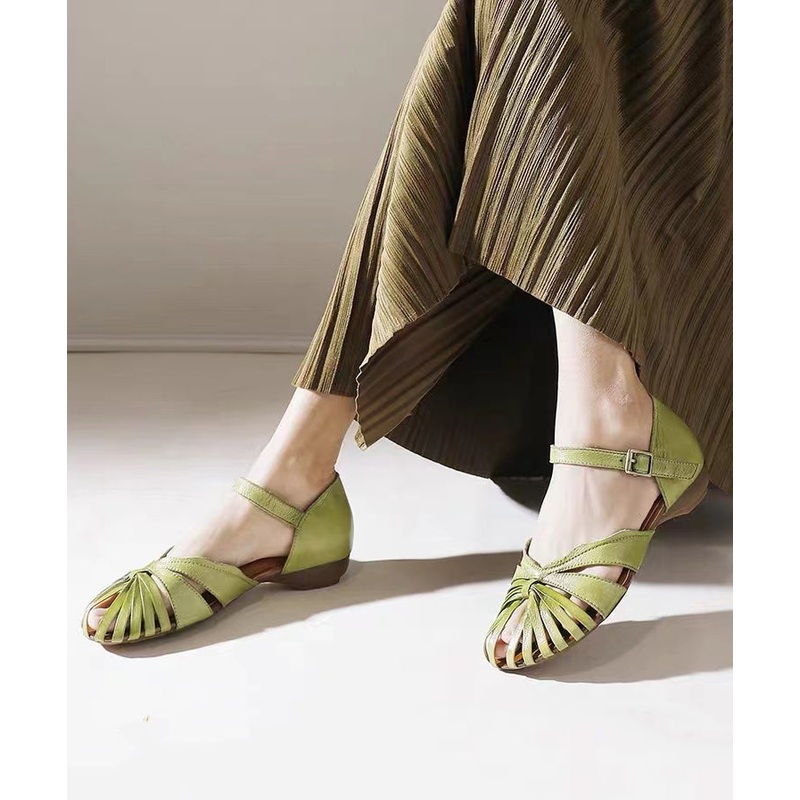 Stylish Green Cowhide Leather Cross Strap Splicing Sandals