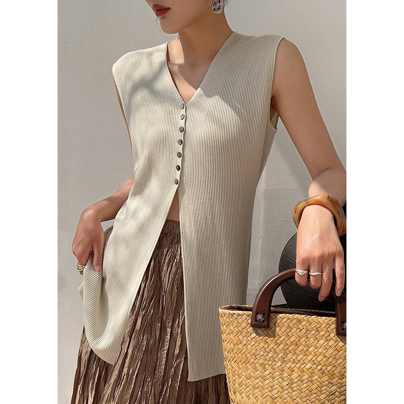 Unique Apricot V Neck Button Silk Tops Summer