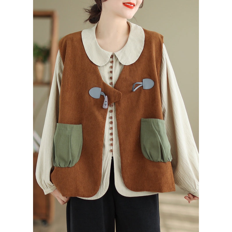 Unique Coffee V Neck Horn Button Corduroy Vest Sleeveless