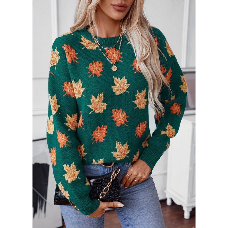Unique Green O Neck Jacquard Thick Knit Sweaters Fall
