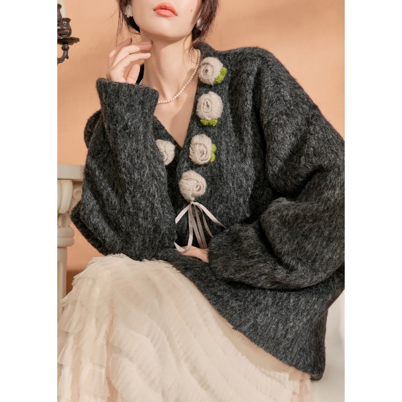 Vintage Black V Neck Pockets Floral Woolen Coat Winter