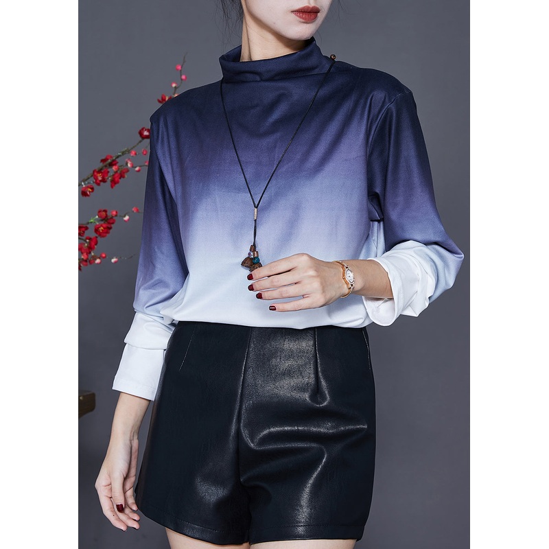 Vintage Navy Turtle Neck Gradient Color Cotton Shirt Tops Spring