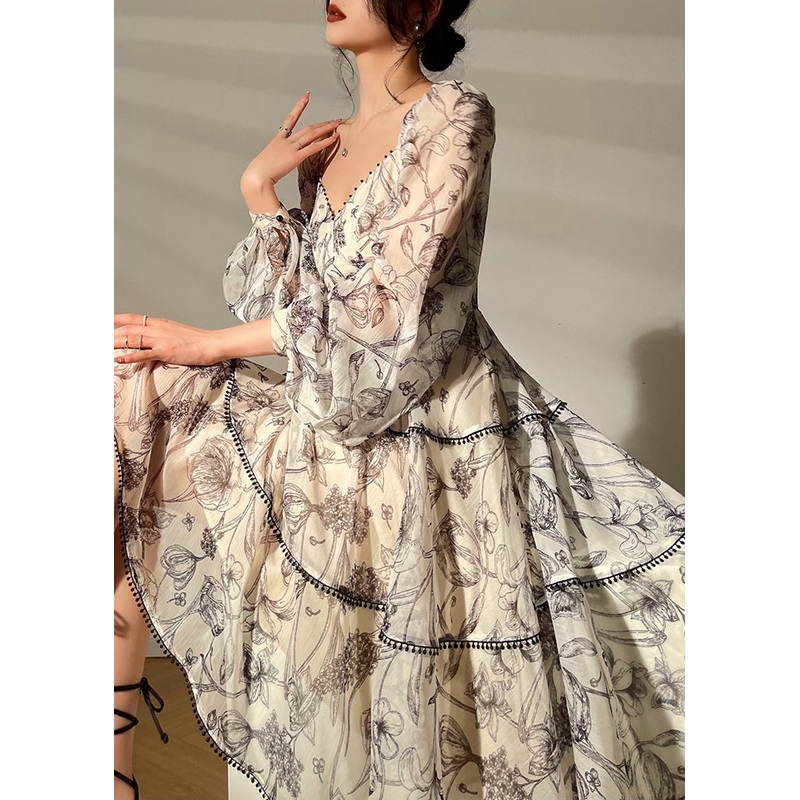 Vintage V Neck Print Chiffon Mid Dress Lantern Sleeve