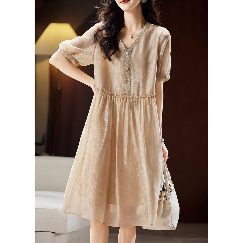 Vogue Champagne Ruffled V Neck Lace Patchwork Maxi Dresses Summer