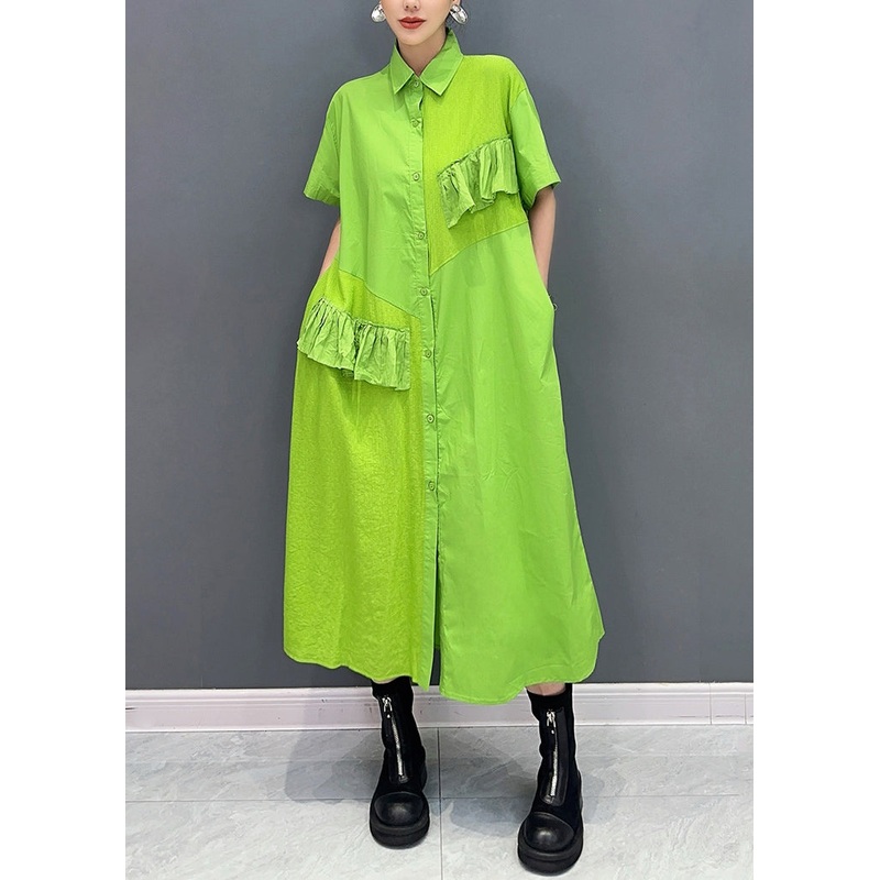 Vogue Green Peter Pan Collar Patchwork Button Maxi Dress Summer