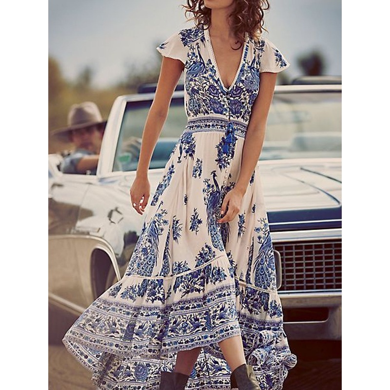 White Peacock Floral Print Maxi Dress Cap Sleeve