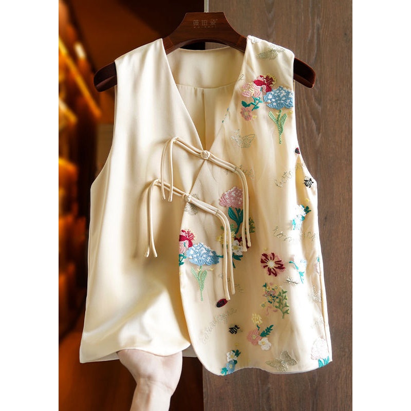 Women Apricot V Neck Embroidered Floral Button Patchwork Tulle Waistcoat Sleeveless