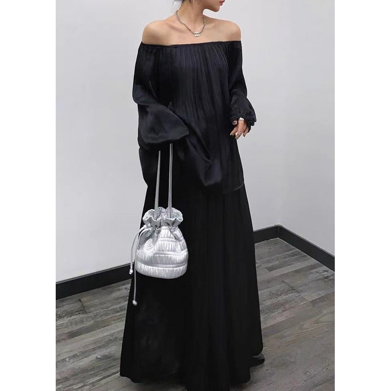 Women Black Wrinkled Tops And Skirts Cotton Two Pieces Set Long Sleeve