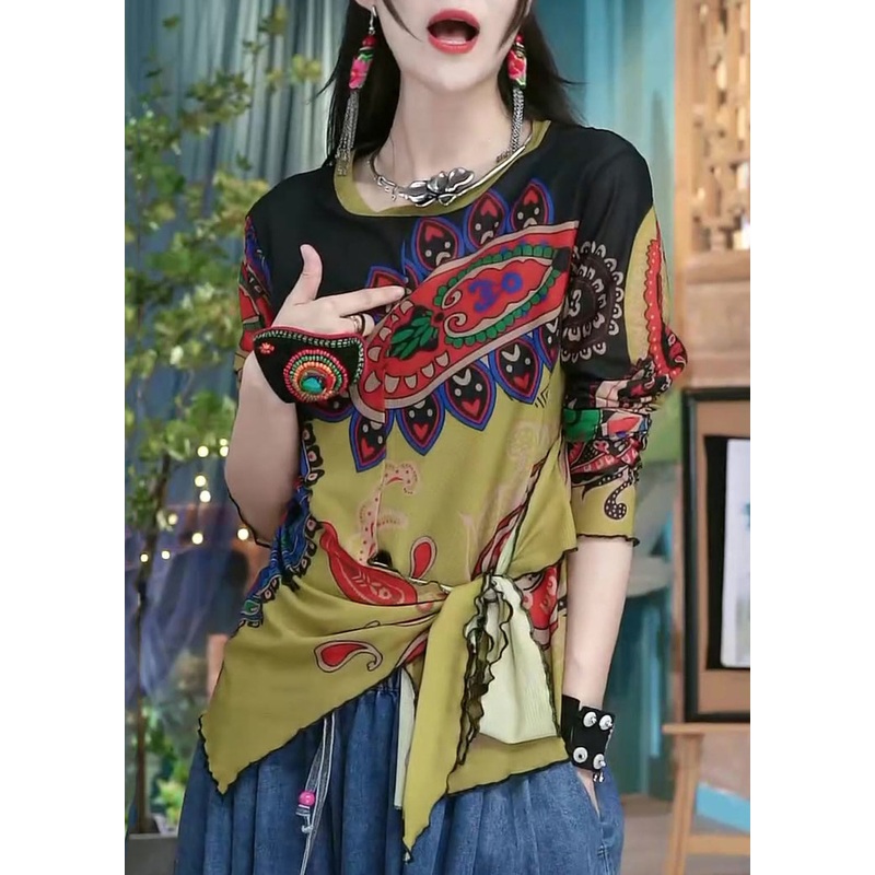 Women Colorblock Print Lace Up Cotton Top Long Sleeve