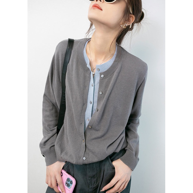 Women Grey O Neck Button Cotton Knit Coats Long Sleeve
