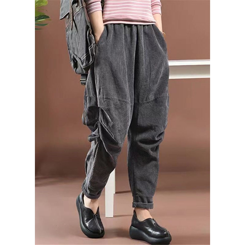 Women Grey Pockets Elastic Waist Corduroy Crop Pants Spring