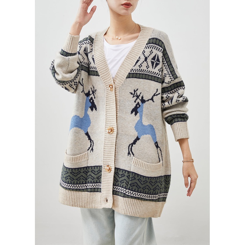 Women Khaki Oversized Print Knit Cardigans Winter