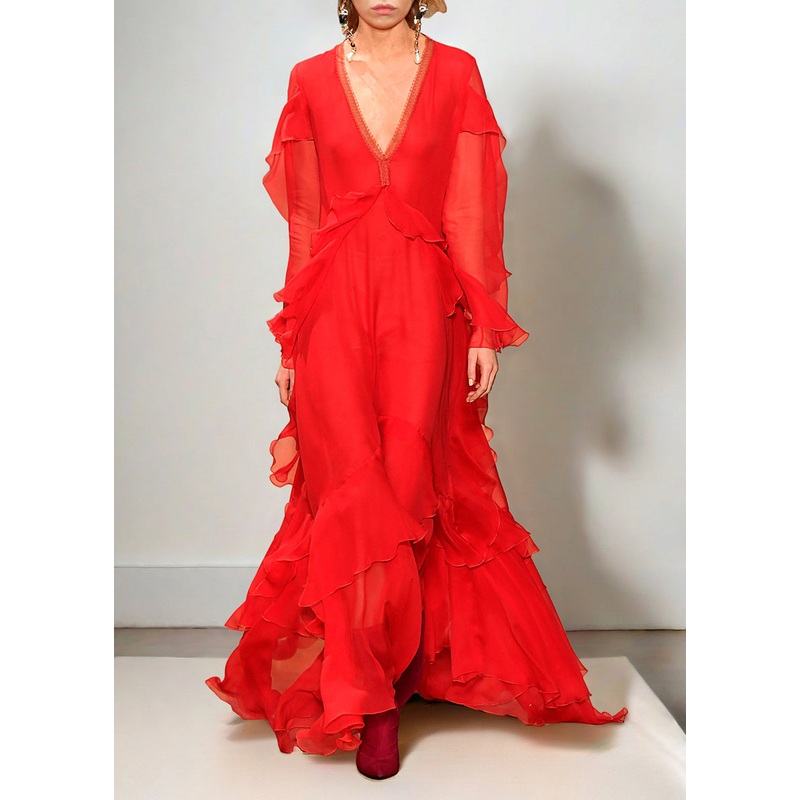Women Red V Neck Ruffled Asymmetrical Patchwork Silk Dress Spring