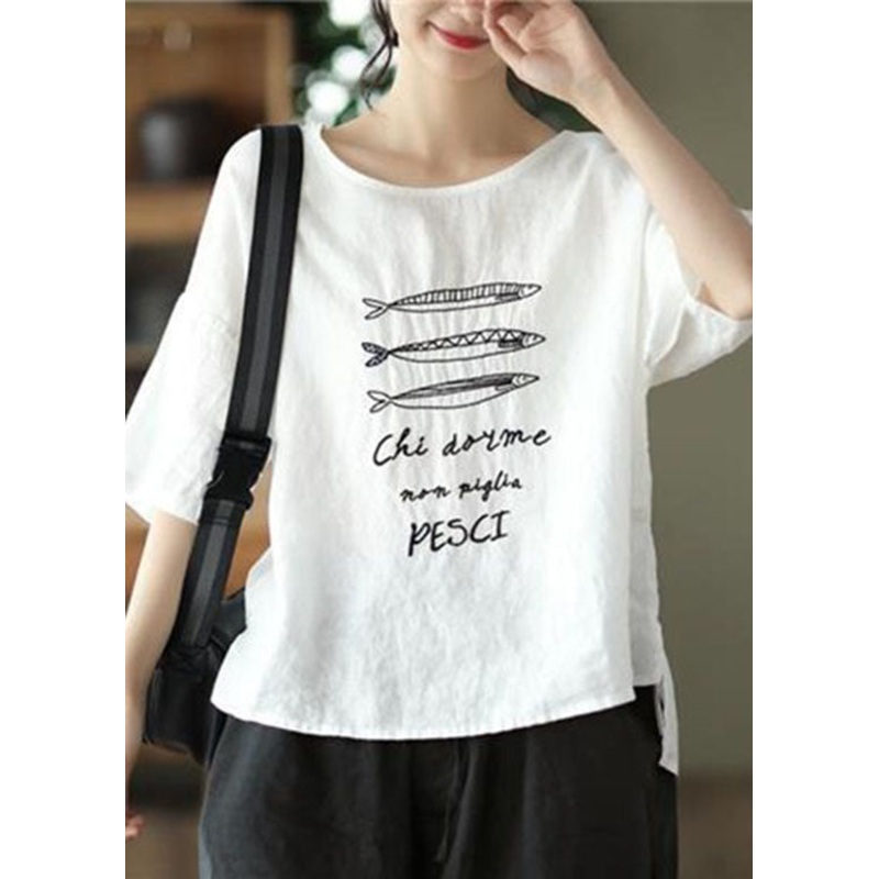Women White O Neck Patchwork Linen T Shirt Summer