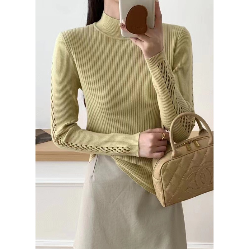 Women Yellow Hollow Out Solid Knit Sweater Fall