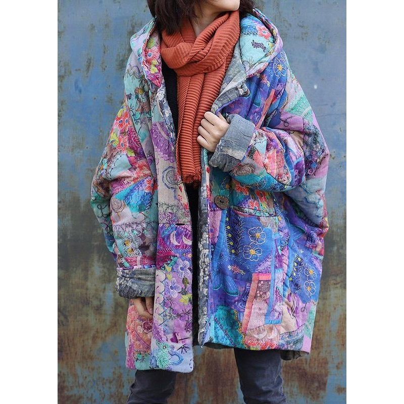 2024 Purple Prints Overcoat Oversized Warm Winter Coat Hooded Patchwork Overcoat