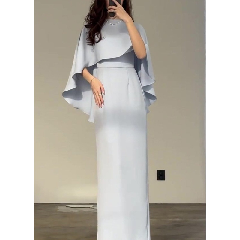 2024 Slim Fit Light Blue Silk Shawl Waist Cinched Dress