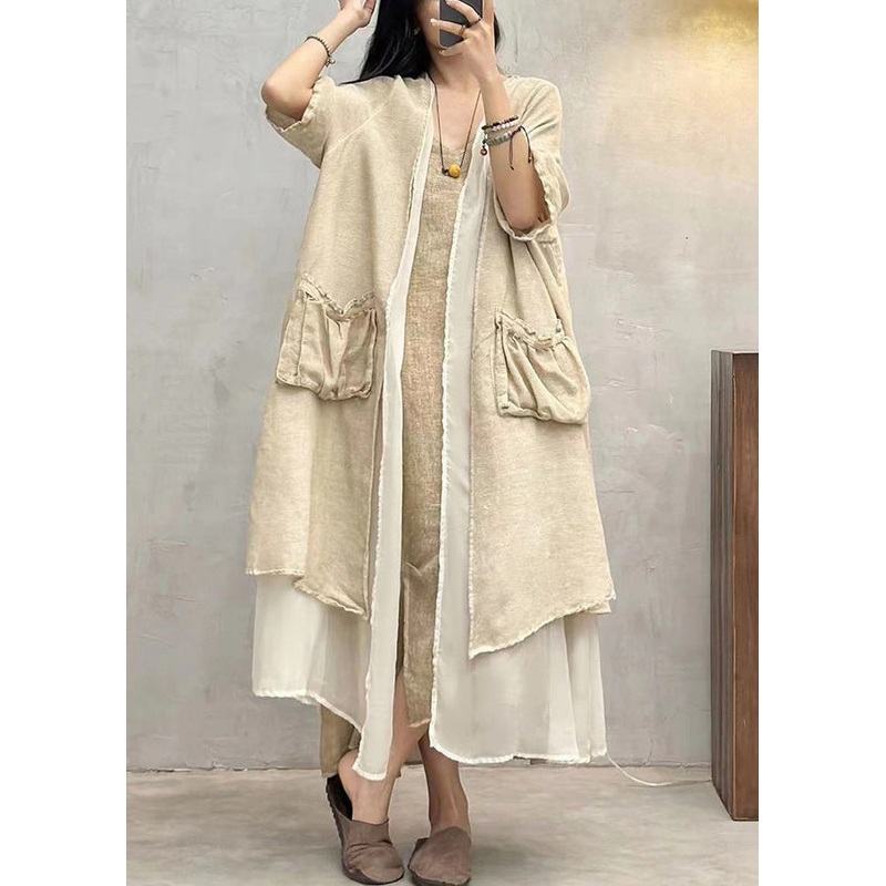 Apricot Solid Loose Cotton Long Cardigan Pockets Half Sleeve