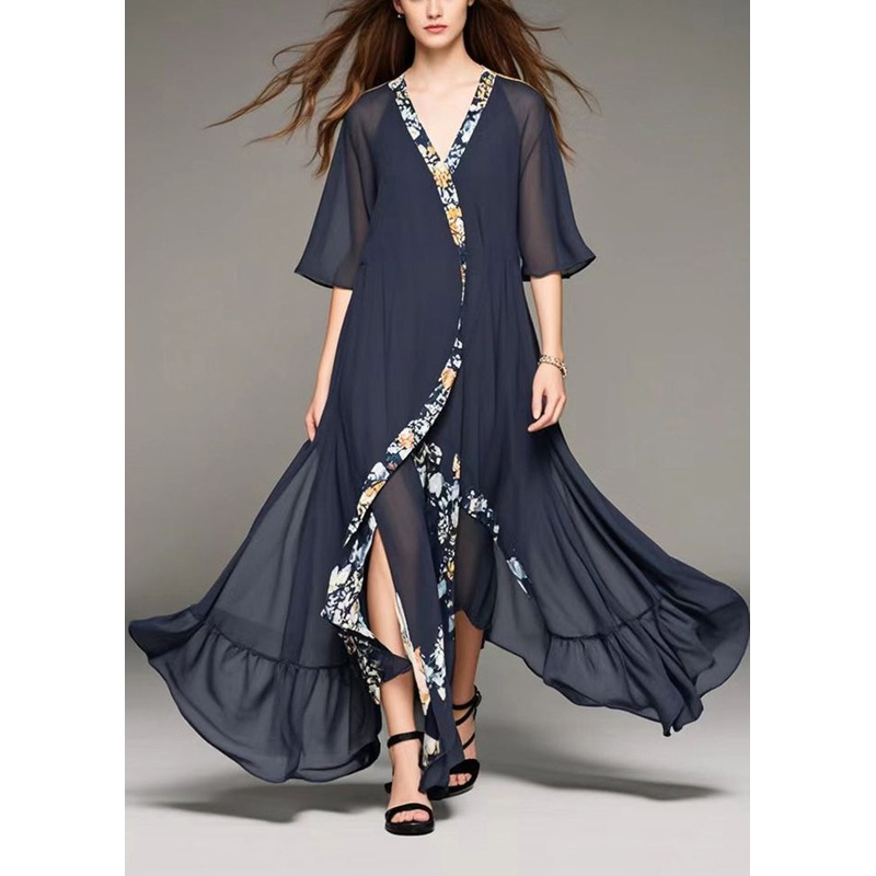 Art Black Asymmetrical Patchwork Chiffon Long Dresses Summer
