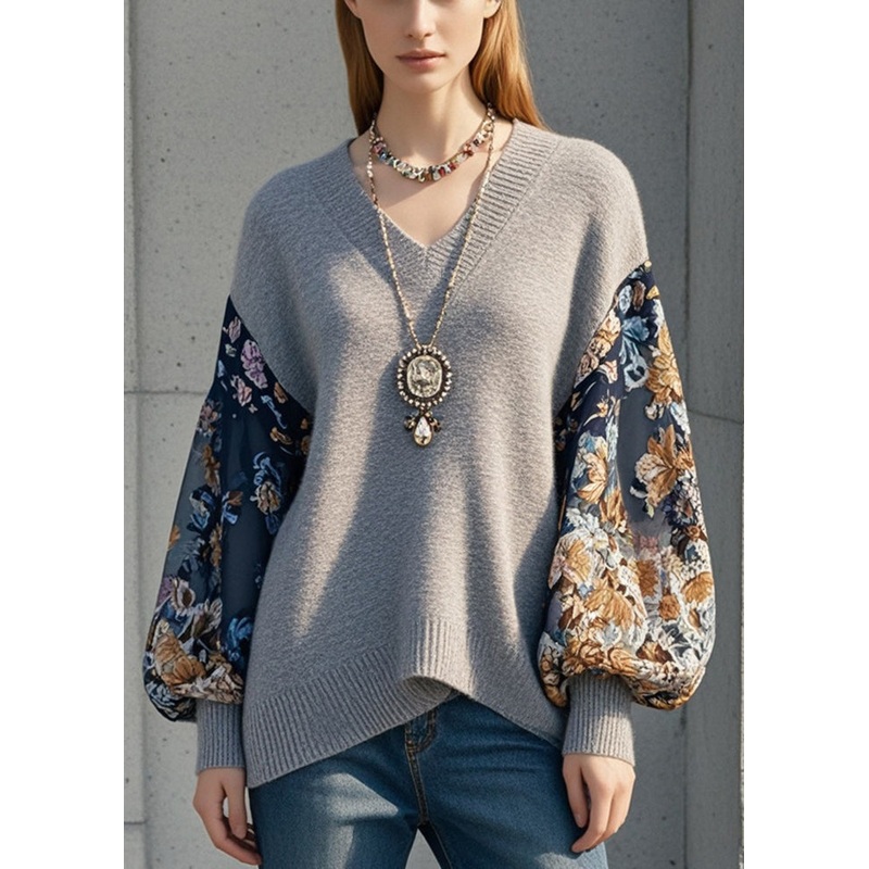 Art Grey Oversized Patchwork Knit Cozy Pullover Tops Fall