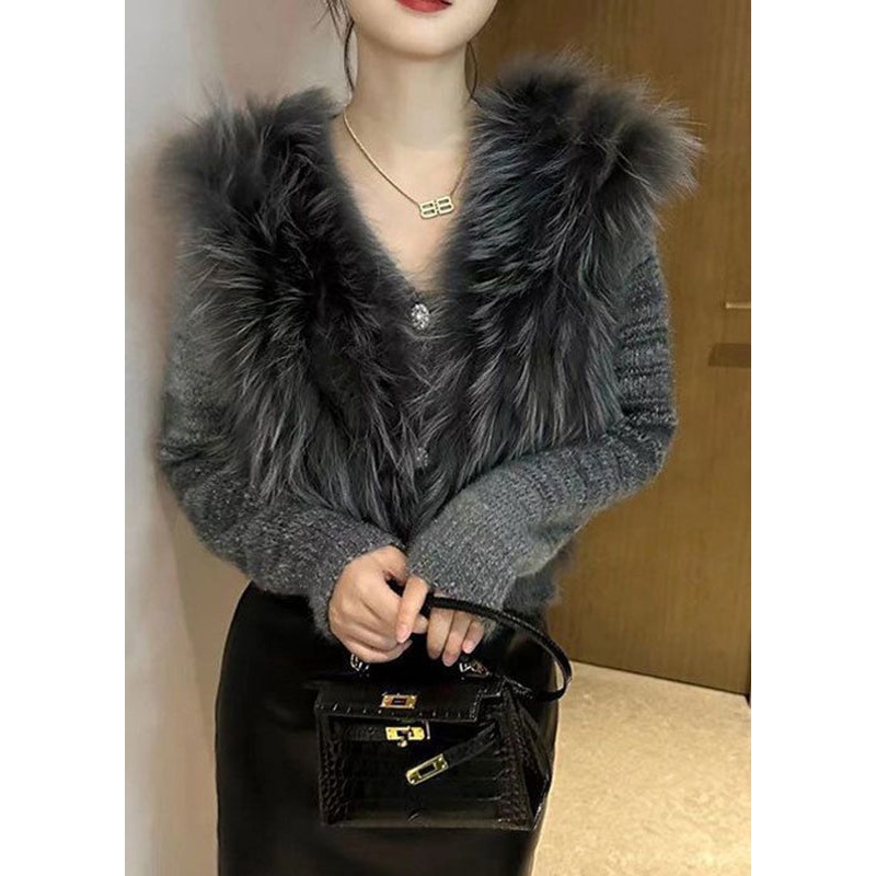 Art Grey V Neck Fur Collar Cotton Knit Sweater Winter