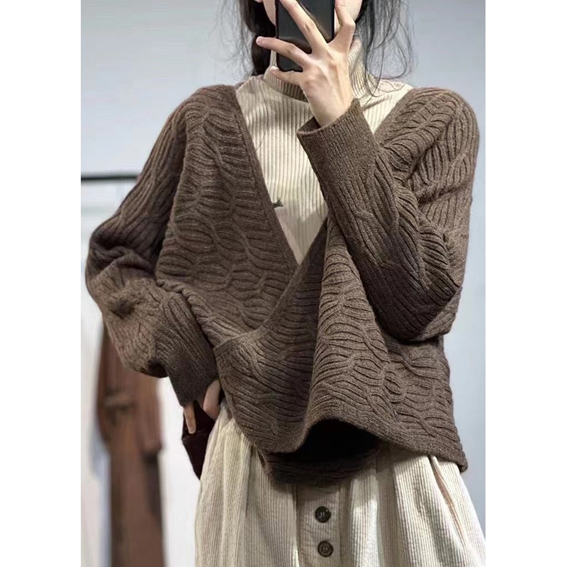 Beautiful Coffee V Neck Button Plus Size Cotton Knit Coats Fall