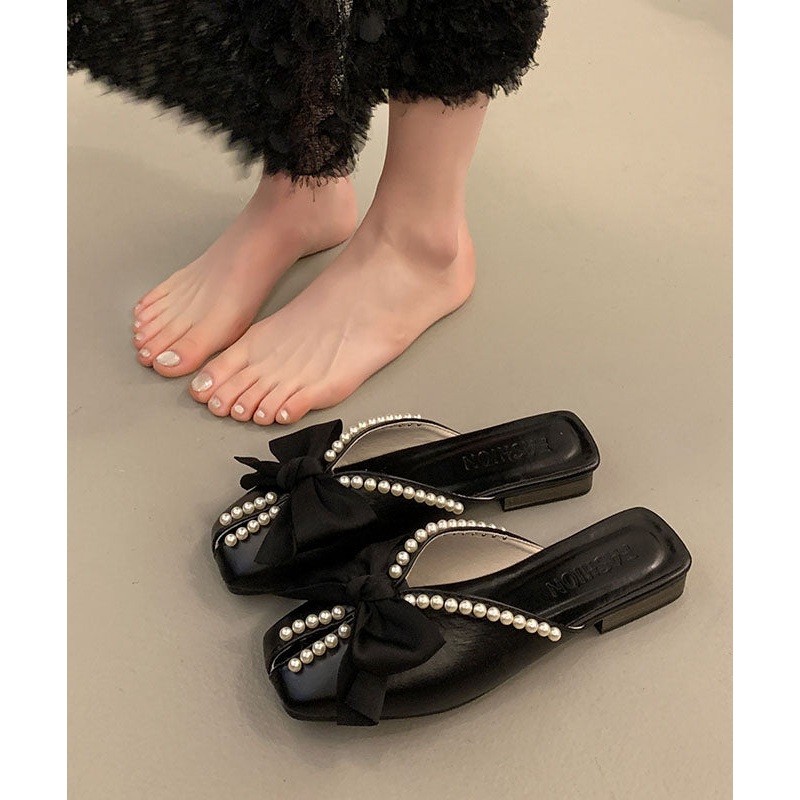Black Faux Leather Splicing Slide Sandals Bow Nail Bead
