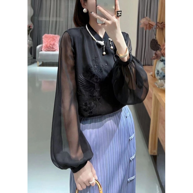 Black Solid Button Chiffon Blouses Stand Collar Lantern Sleeve