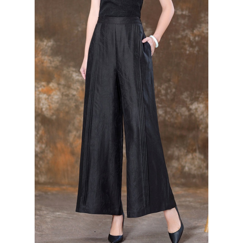 Black Solid Patchwork Silk Velour High Waist Wide Leg Pants