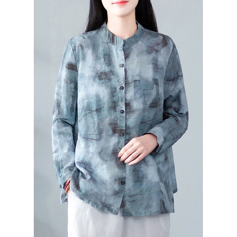 Blue Print Pockets Linen Blouses Stand Collar Spring