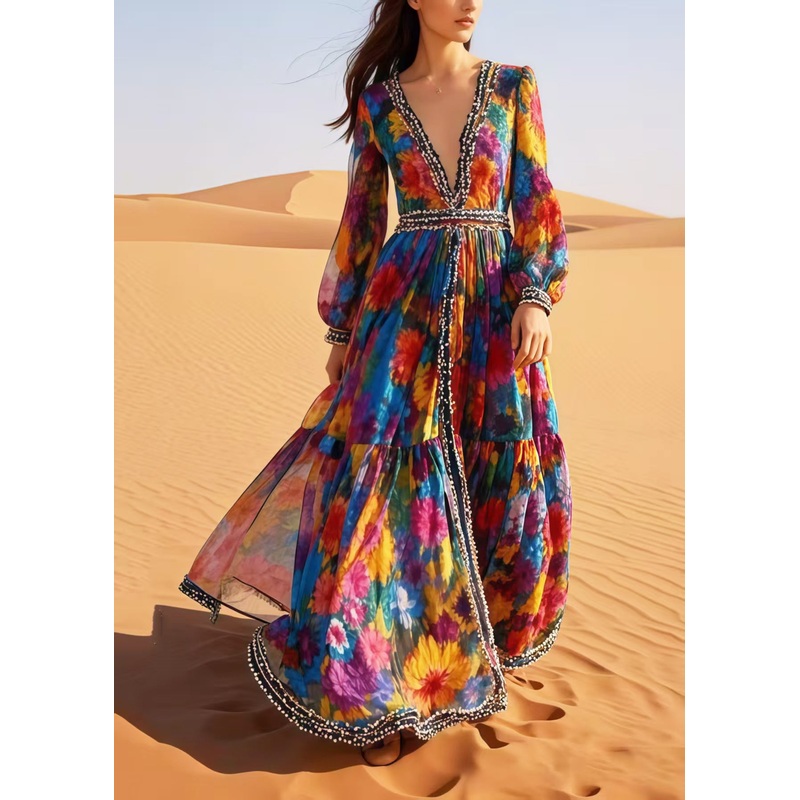 Bohemian Flower Print Exra Large Hem Chiffon Beach Dress Spring