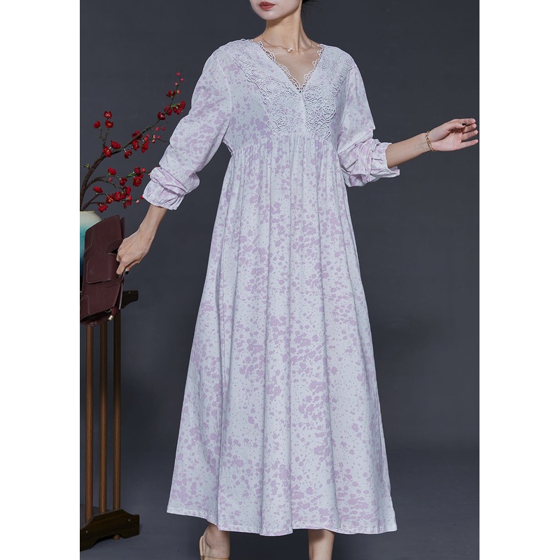 Bohemian Light Purple V Neck Print Cotton Ankle Dress Spring