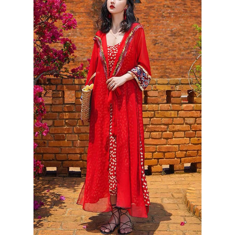 Bohemian Red Hooded Lace Up Chiffon Long Cardigans Spring