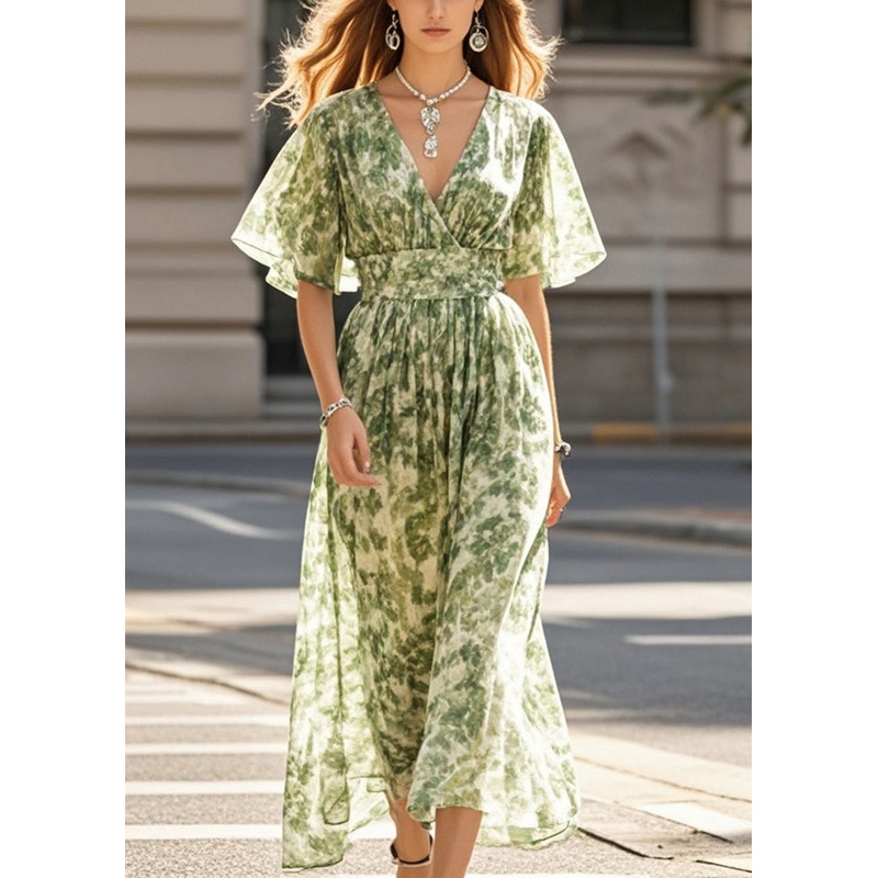 Boho Grass Green Print Chiffon Beach Dress Summer