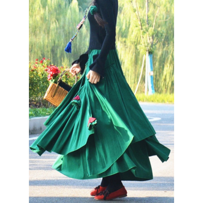 Boho Plus Size Green Wrinkled Asymmetrical Corduroy Skirt Spring