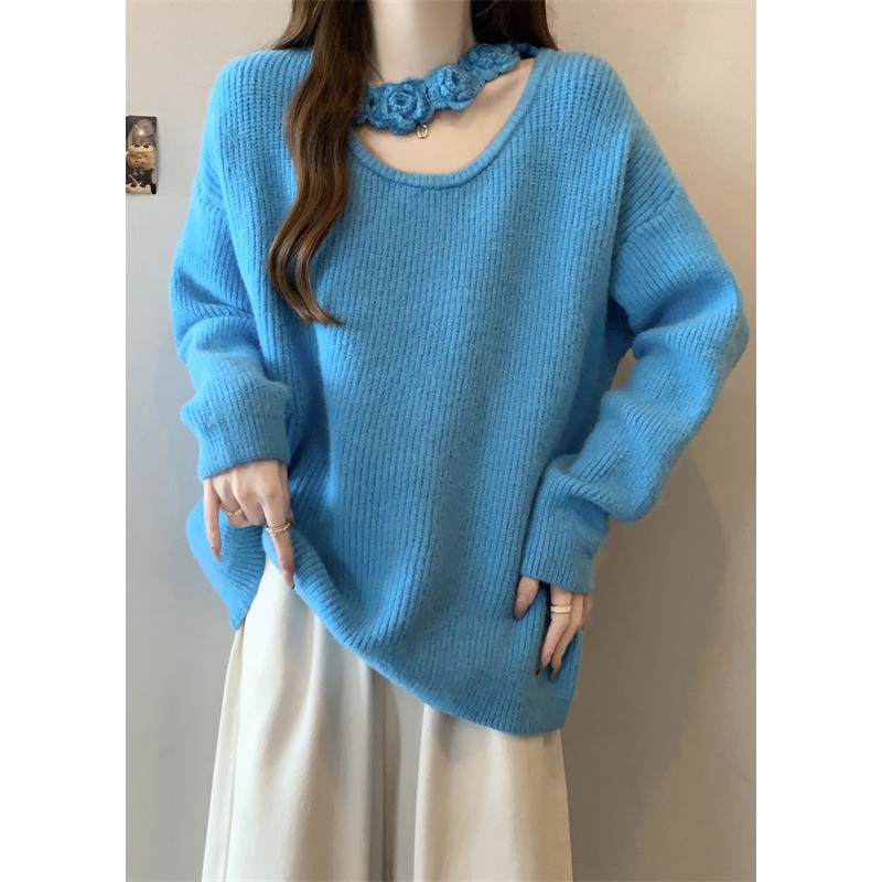 Boutique Blue Hollow Out Floral Knit Sweater Winter