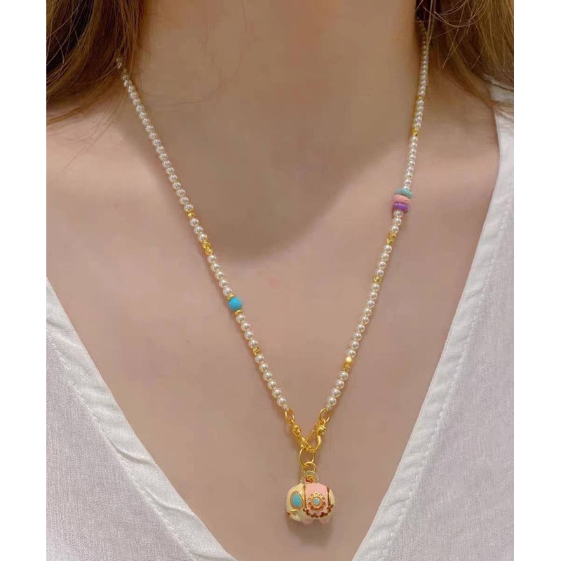 Boutique Gold Alloy Pearl Beads Little Elephant Pendant Necklace