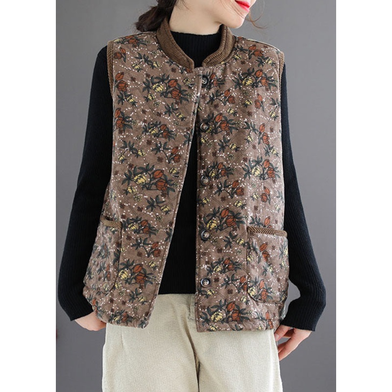 Casual Brown Stand Collar Print Fine Cotton Filled Vest Sleeveless