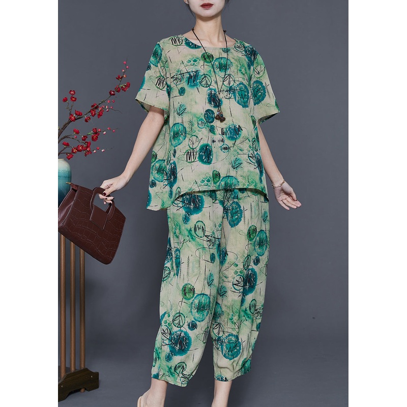 Casual Green Oversized Print Linen Two Piece Set Summer