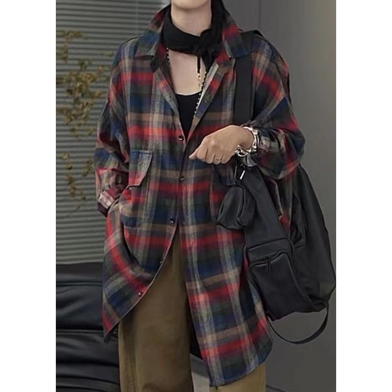 Casual Peter Pan Collar Plaid Pockets Cotton Shirt Tops Fall