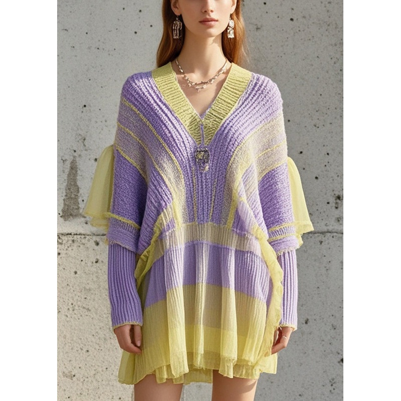 Casual Purple Oversized Patchwork Tulle Knitted Dress Fall